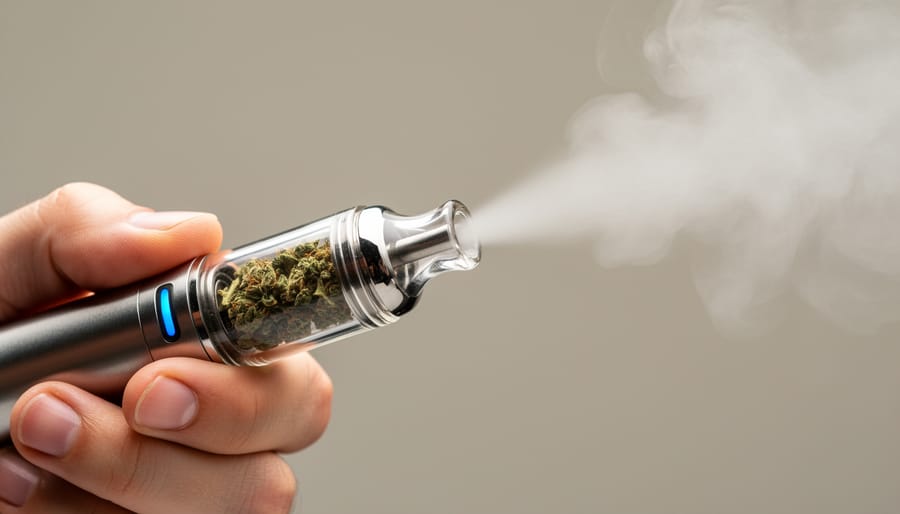 Dry herb vaporizer producing visible vapor from the mouthpiece