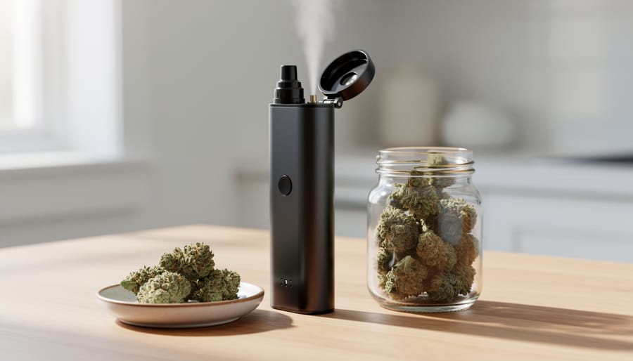 Dry herb vaporizer with a jar of hemp flower and grinder on a wooden table