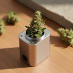 “Dry herb vaporizer on a wooden surface with hemp flower buds in the chamber under soft natural light.”